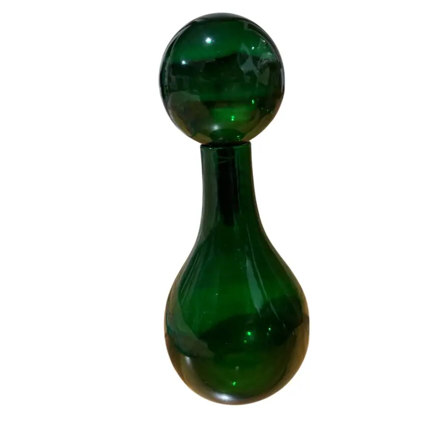 vintage Round Bottom emerald green glass "genie" decanter, likely produced in the Empoli region of Italy during the 1960s