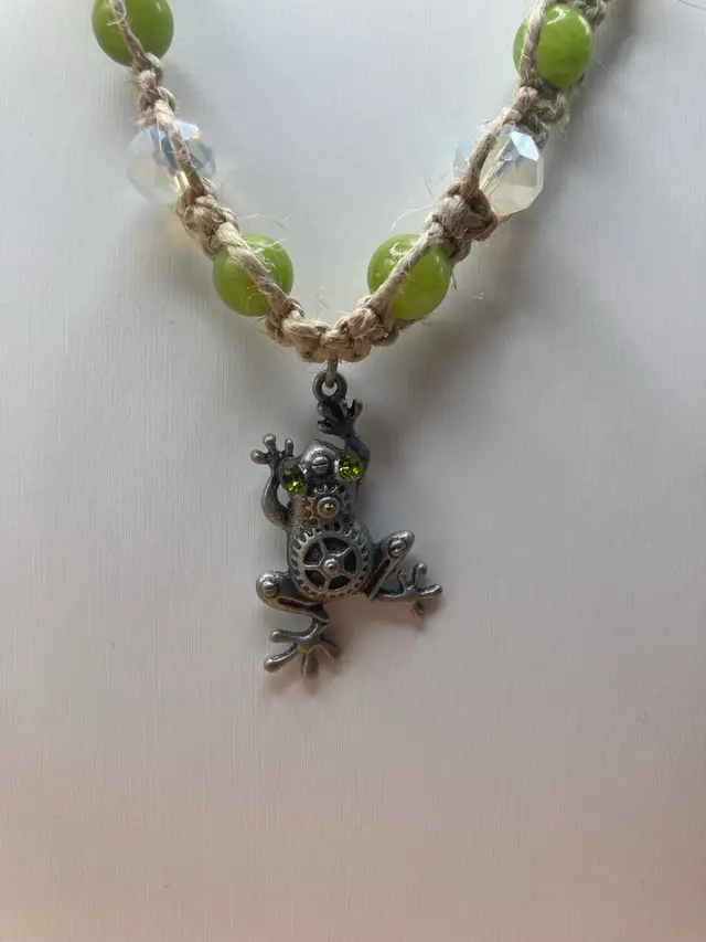 Steampunk Green Frog Hemp Necklace