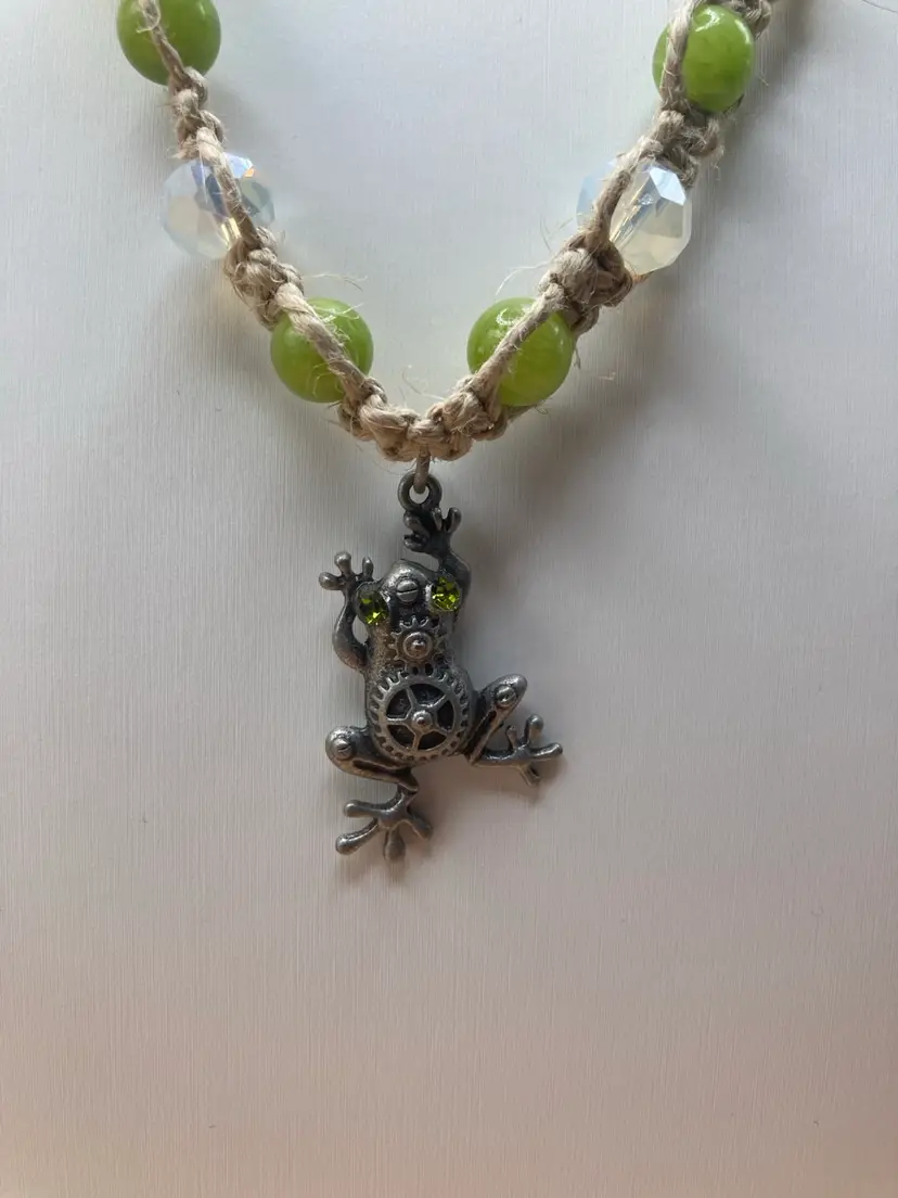 Steampunk Green Frog Hemp Necklace