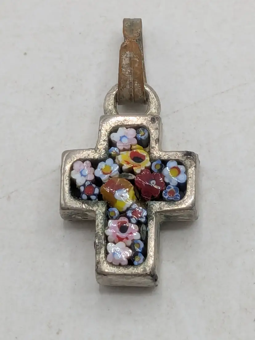 Vintage Italian Micro Mosaic Small Cross Pendant Silver Tone