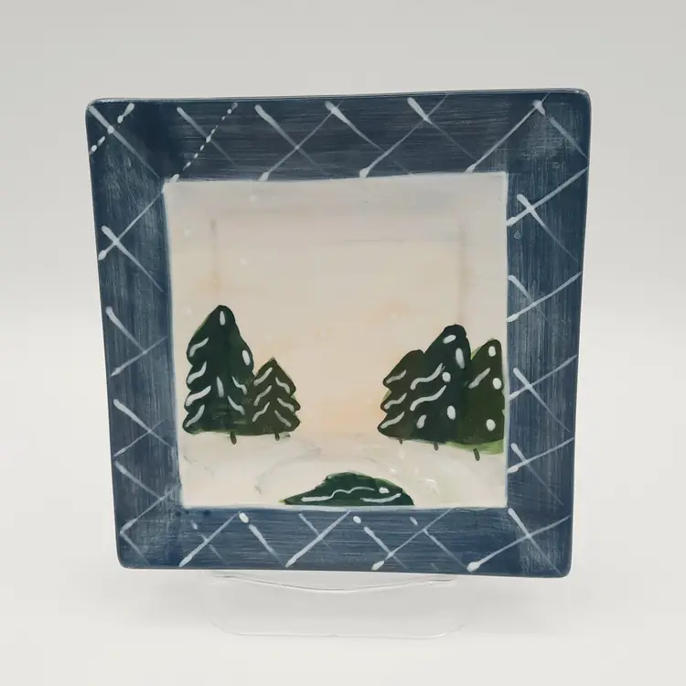 Winter Trees Small Square Plate Blue Border Elizabeth Munro for Montage by Giftcraft
