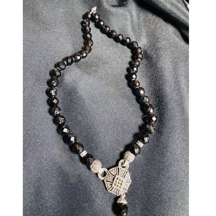 Vintage Faceted Black Glass Beads With 925 Sterling Silver Marcasite Pendant And Embellishments - Sterling Clasp - All Parts Tested 3x