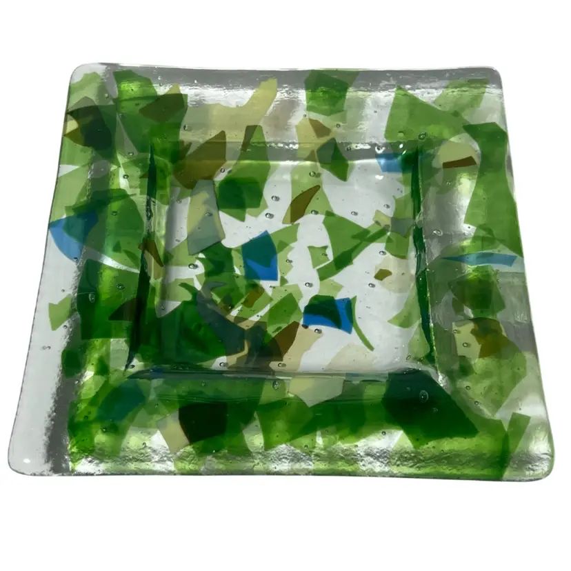 Fused Glass Trinket Dish Square Handcrafted Blue & Green Confetti Design