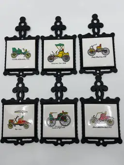 6 Vintage Cast Iron Ceramic Tile Antique Automobile Car Truck Trivets Wall Mount Man Cave