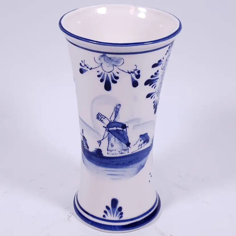 Vintage ELESVA HOLLAND DELFT BLUE Dutch Windmill Folk Hand Painted Ceramic VASE