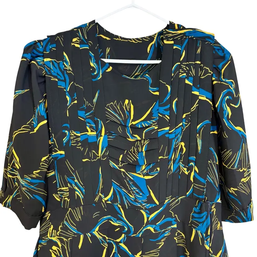 Vintage Pleated Snap Cross Over Panel Crane Print Dress