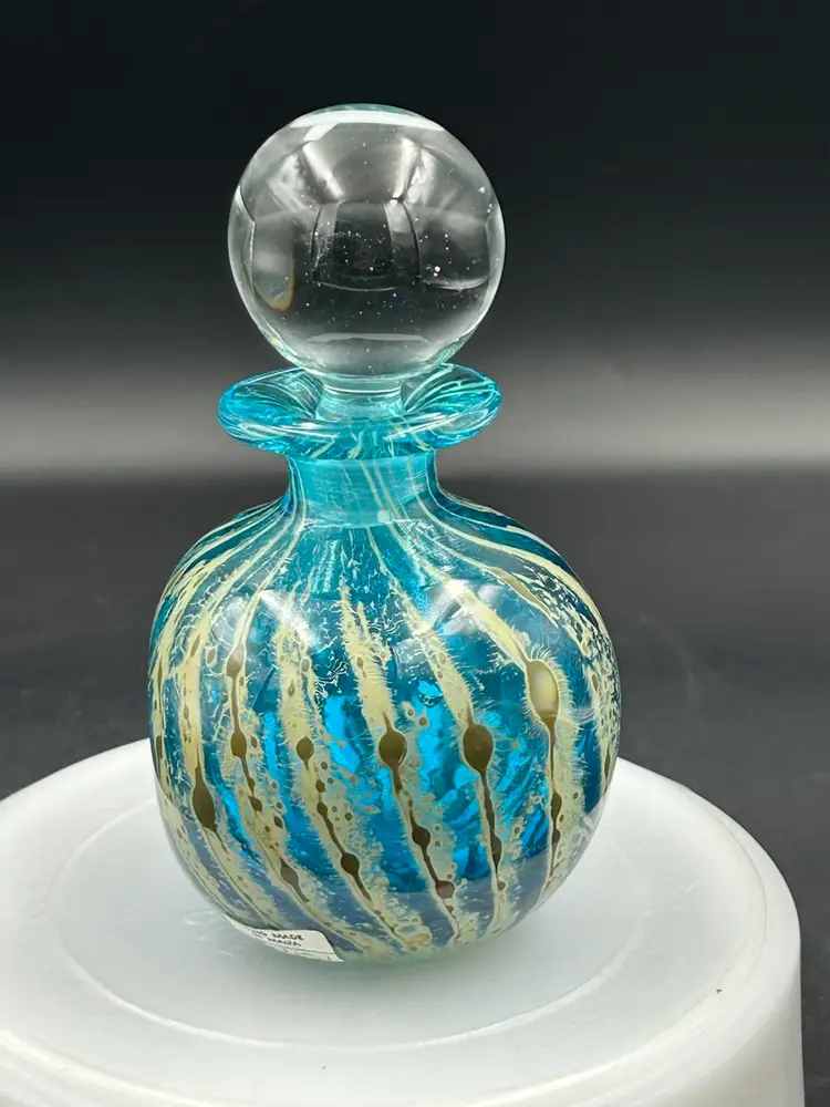 Vintage Mid-Century Mdina Art Glass Blue & Cream Swirl “Roman Pattern” Clear Stopper, Signed, Perfume Bottle Italy