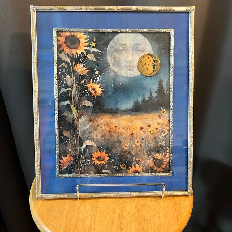 1950s Metal Silver & Gold Frame Repurposed 12" x 10"- Celestial Rice Paper Print Handmade By Me