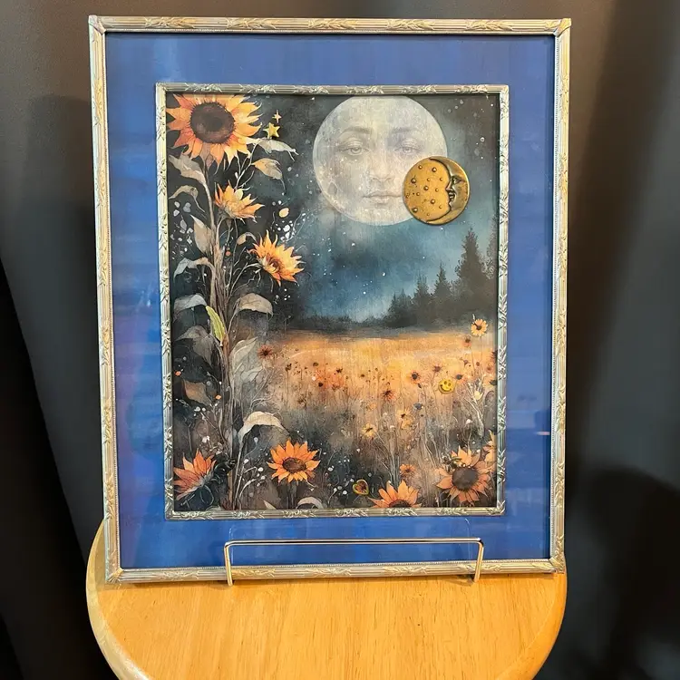 Celestial Rice Paper Print 1950s Metal Silver & Gold Frame Repurposed 12" x 10"- Made By Me