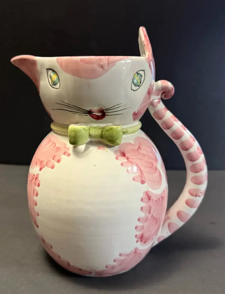 Vintage Italian Pottery Hand-Painted Pink Spotted Cat Pitcher Jug 8.5” H