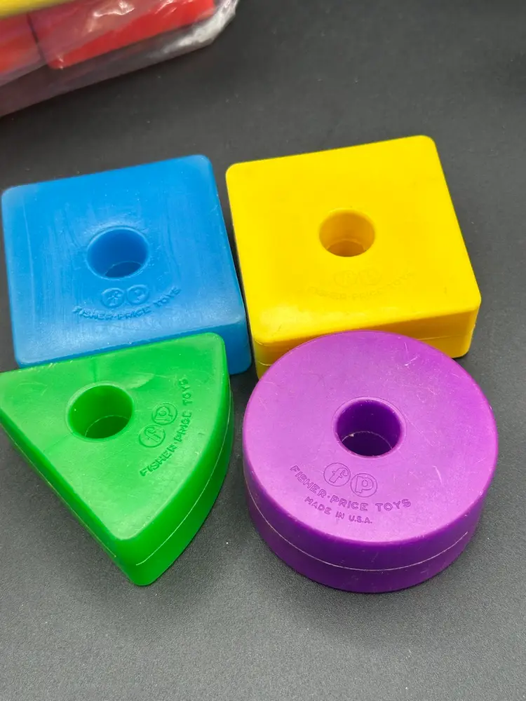 Vintage 1970's Fisher Price 14 STACKING PLASTIC SHAPES BLOCKS w/ 4 RODS
