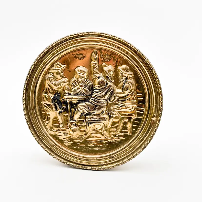 Vintage Brass Tavern Scene Wall Pocket Planter England 8"D x 1.5"W