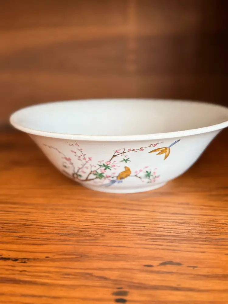 Vintage Great China 9.5” Porcelain Serving Bowl – Bird & Cherry Blossom Pattern – Mid Century Asian Export China – Hong Kong – Spring Decor