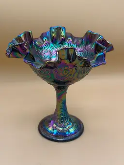 Fenton Amethyst Persian Medallion Carnival Glass Iridescent Compote Signed VTG