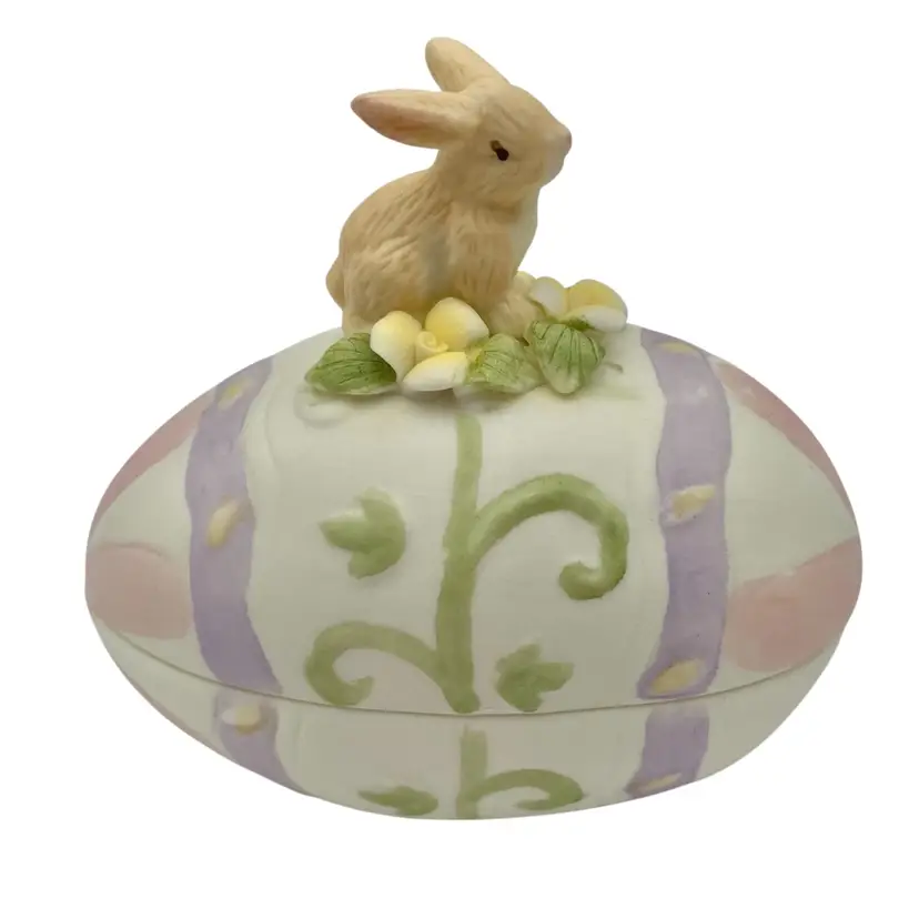 Vintage Porcelain Easter Egg Trinket/Candy/Jewelry Box, Bunny, Embossed Flowers