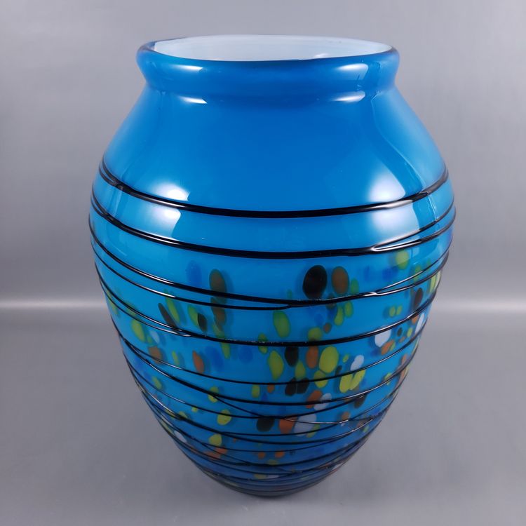 Hand Blown Colorful Confetti Black Threaded Blue Cased Large ART GLASS VASE