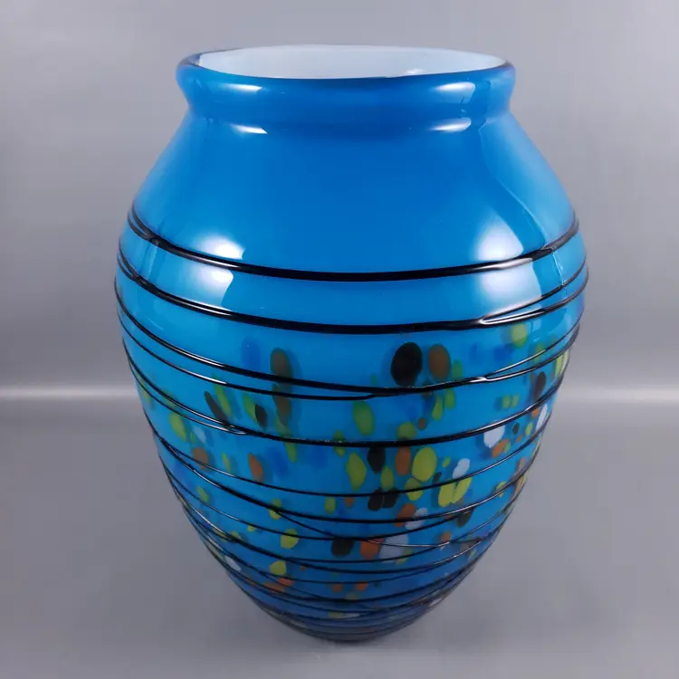 Hand Blown Colorful Confetti Black Threaded Blue Cased Large ART GLASS VASE