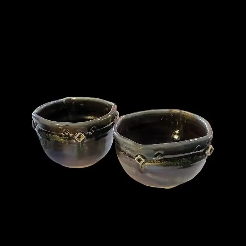 Two Art Pottery Bowls Hand Crafted Raised Relief Drip Glaze Signed Vintage