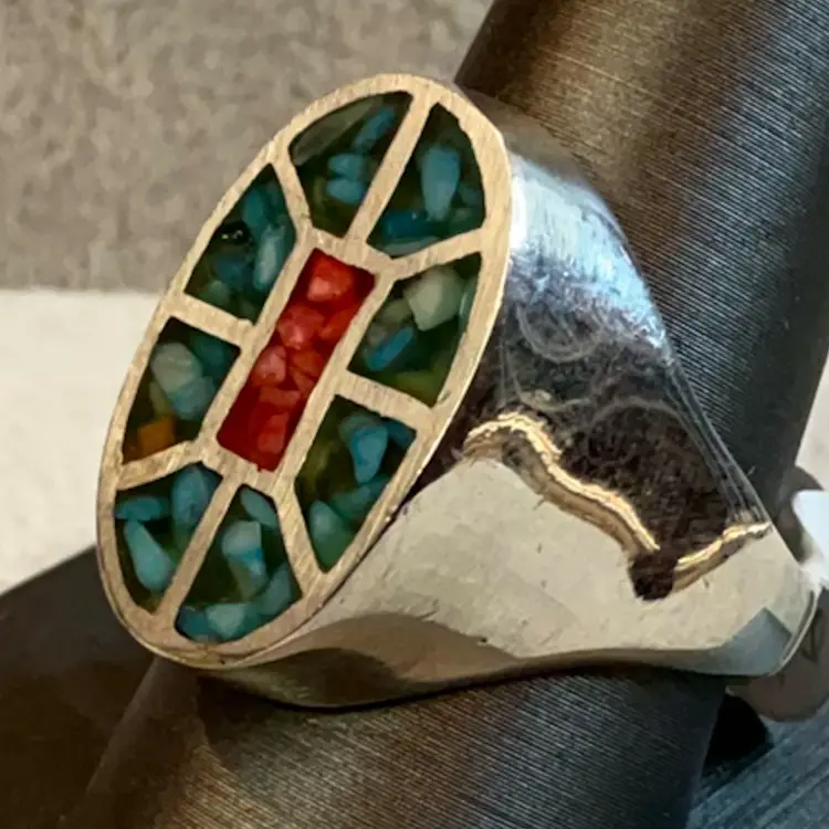 Turquoise and Coral in Sterling Silver Ring sz 10.25