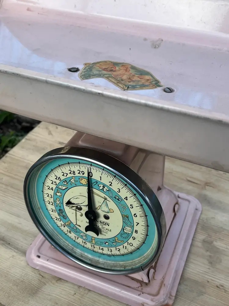 Mid Century Pink Metal Nursery Scale With Illustrations Works!