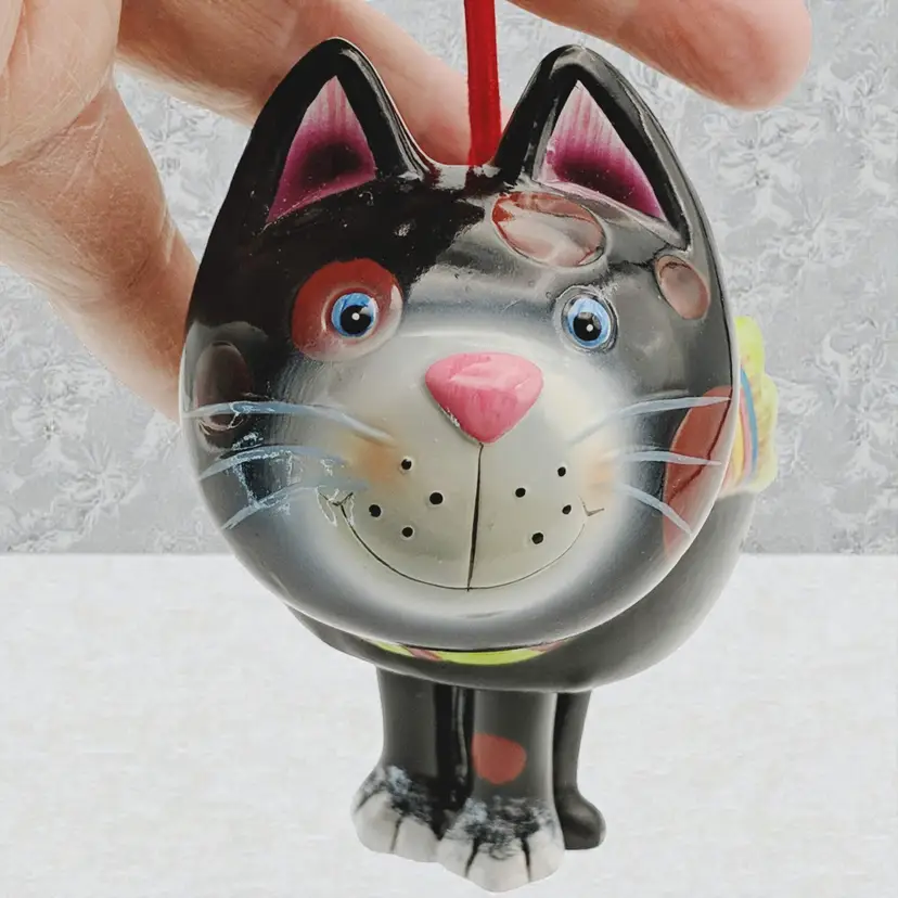 Whimsical Chubby Black Spotted Cat Ornament Dangly Legs Huge Smile