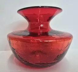 Blenko Joel Myer #6614 Tangerine/Red Spittoon Urn Crackle Glass.Glows.1968. READ