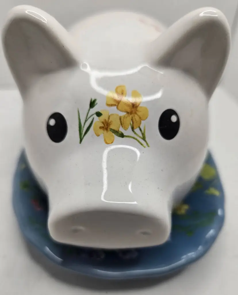 Ceramic Pig Butter Dish with Wildflower Pattern & Blue Tray - Country Kitchen Decor