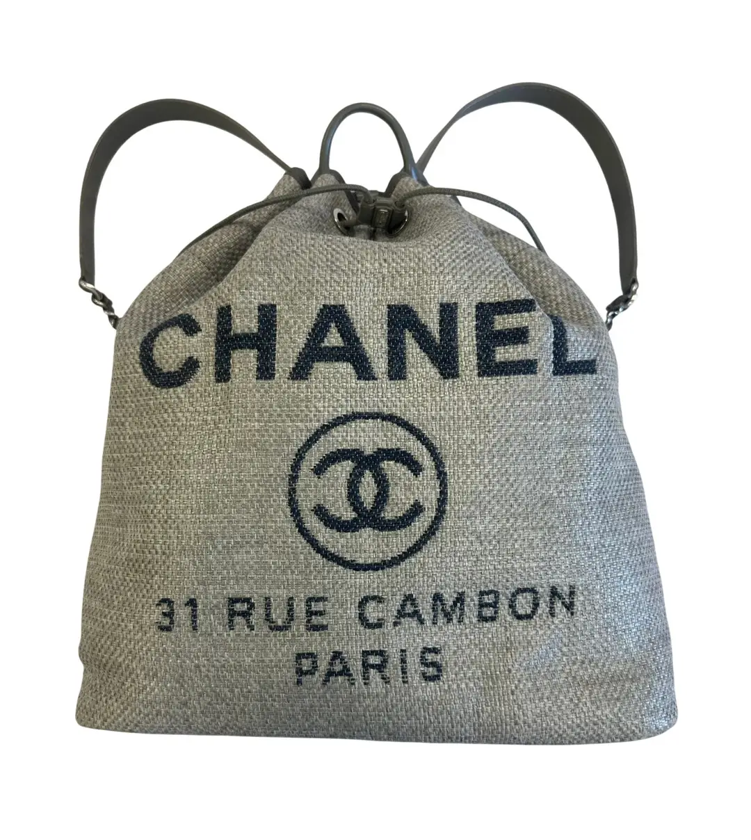 Chanel Grey Woven Raffia Deauville Large Backpack