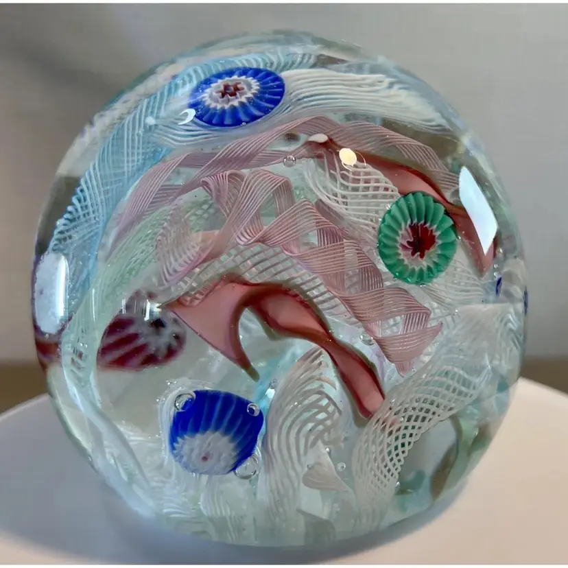 Vintage 1940’s Art Deco Italian Murano Latticino (Lattice) Ribbons, Lace Swirls, Millefiori (Thousand Flowers) Glass Canes Paperweight Hand-Blown Piece of Art Glass, Made in Murano, Italy