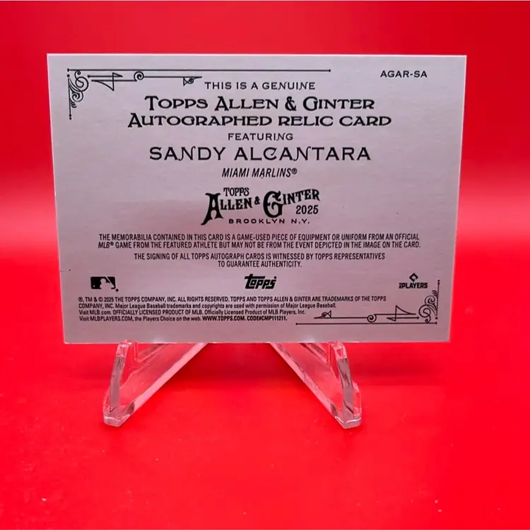 Sandy Alcantara 2025 Topps Allen & Ginter Autographed Relic Card 2/10 Miami Marlins