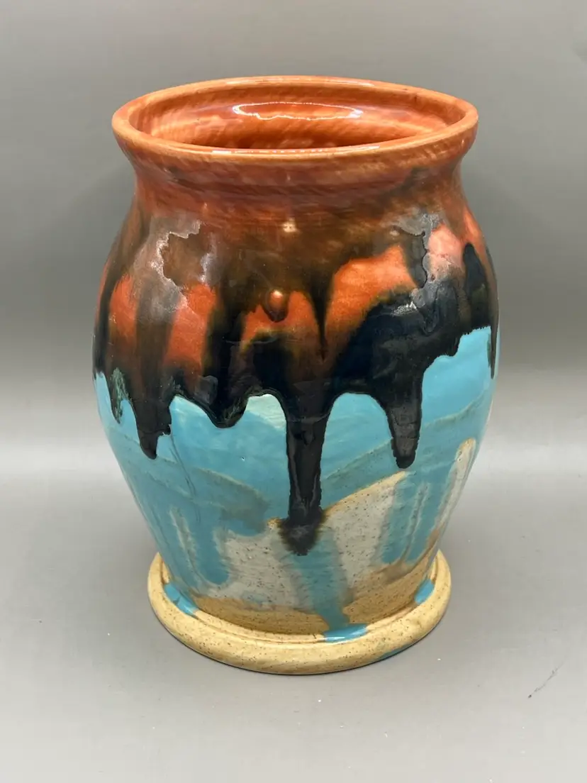 Handmade Signed Pottery Vase Drip Glaze 7”