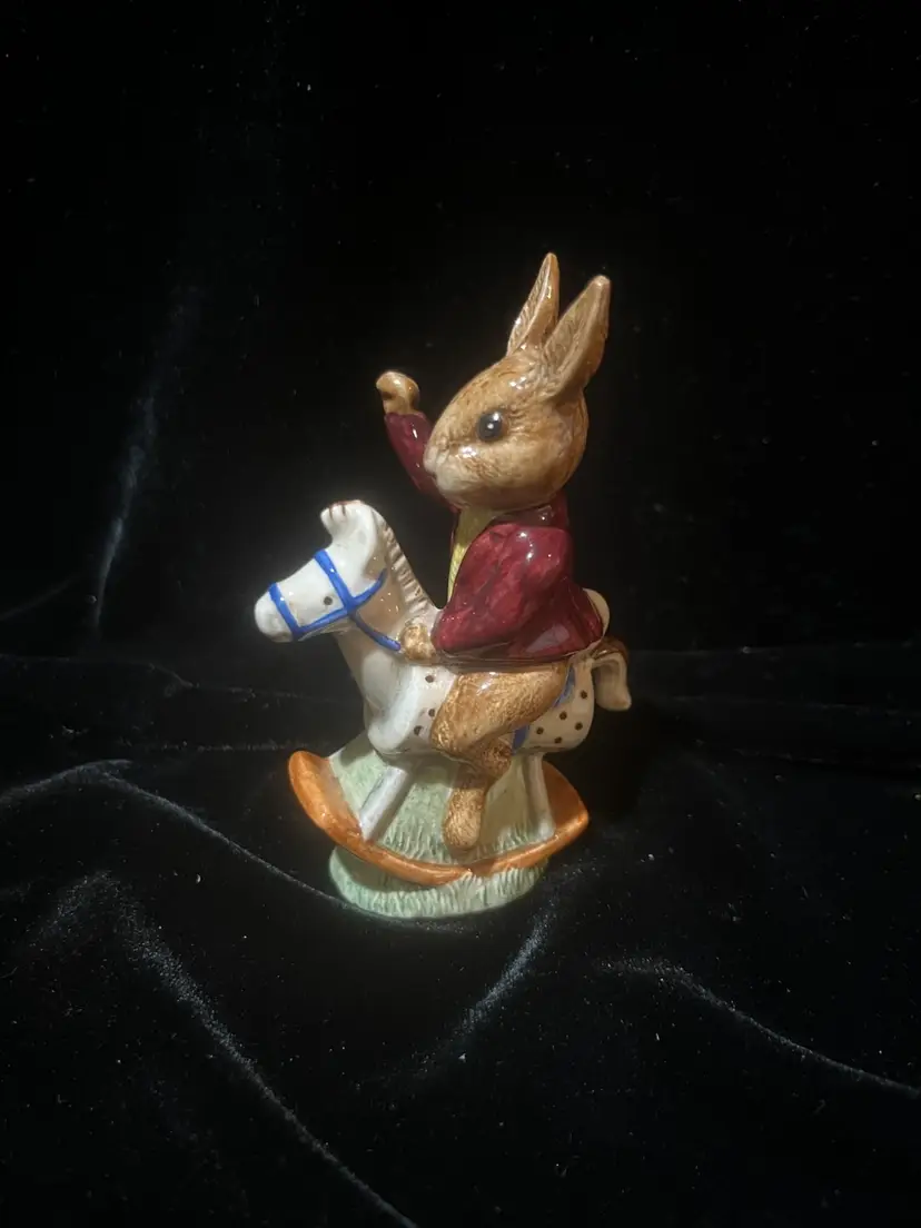 Royal Doulton BUNNYKINS Tally Ho! Porcelain Figurine Rocking Horse DB12 1974,  4”x 2.5”