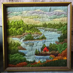 Vintage MCM Outdoor Scene Framed Crewel Needlepoint Artwork