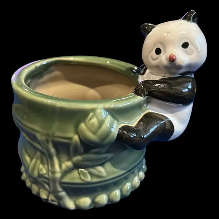 Vintage Hanging Panda On Green Bamboo Planter