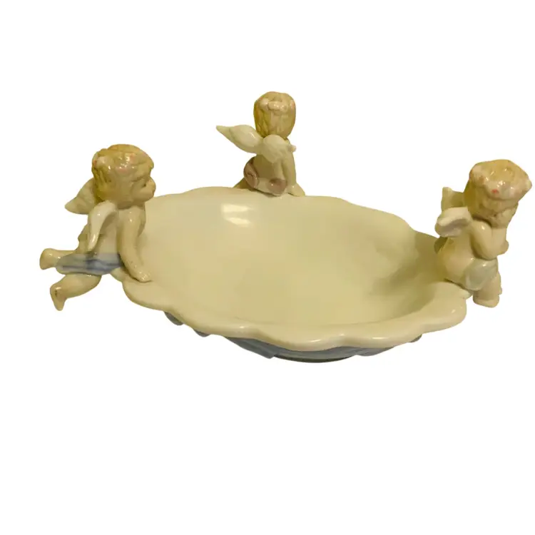 14. Gorgeous 3 Angel Trinket Dish 8” Long 4” Tall