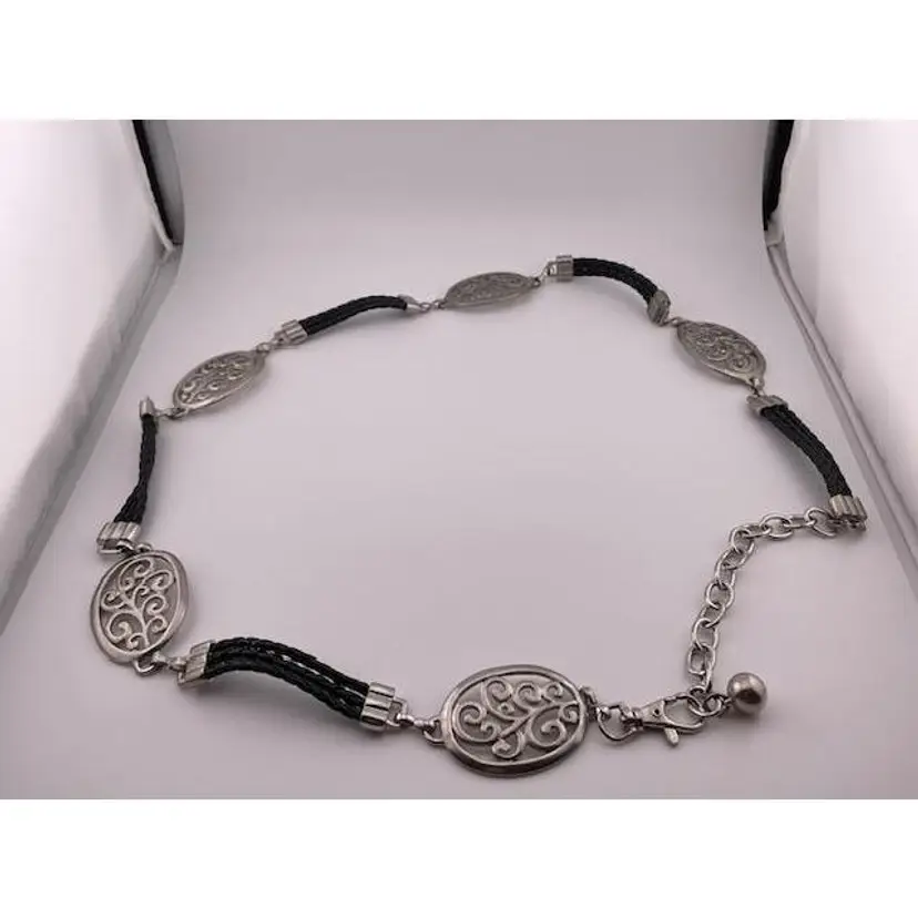 Vintage 1980's Southwest Style Necklace link belt - Black Faux Leather Silver tone