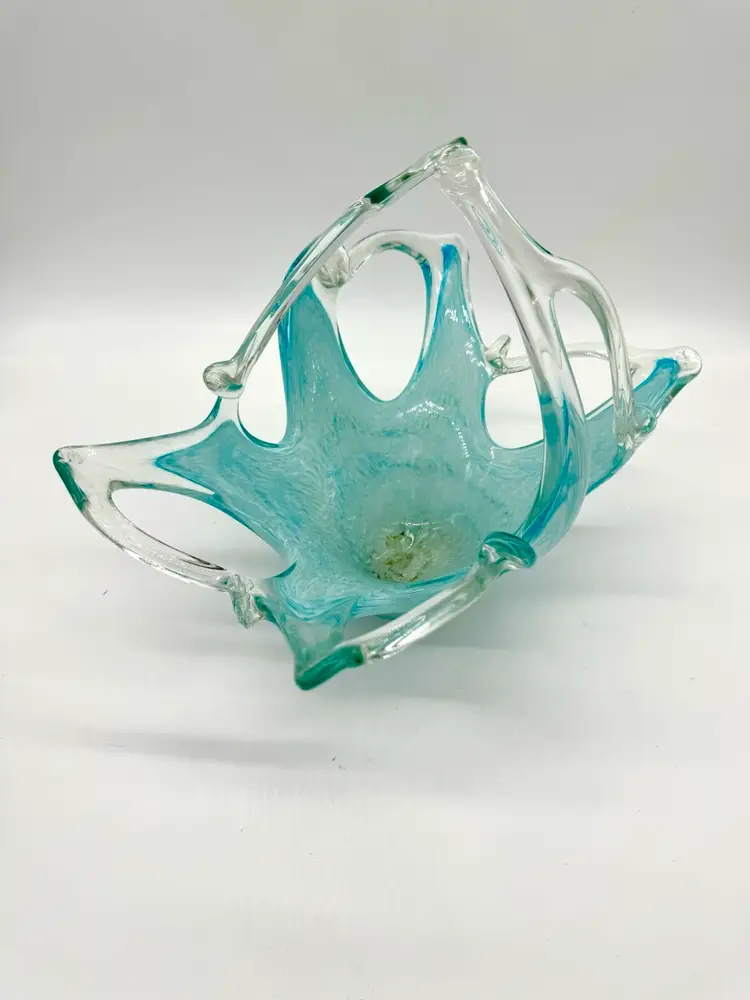 Basket  Beautiful Sea Aqua Blue Chalet Style Hand Blown  Art Glass Blue Wave Swirl On Base 14”W x 12”H  AS IS see photos.  its gorgeous