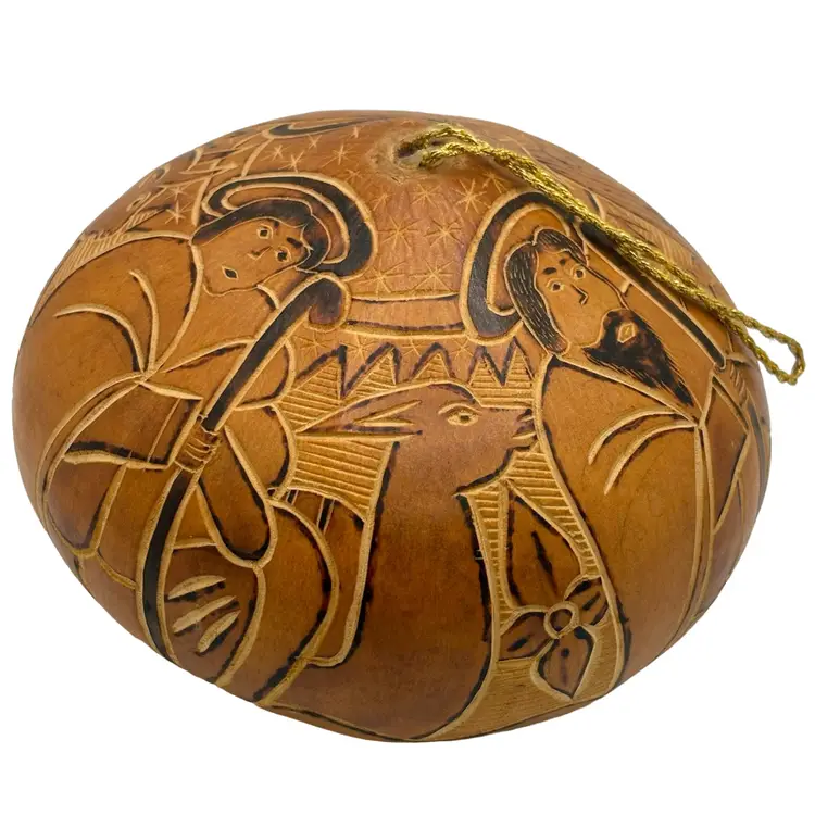 Nativity Scene Round Carved Gourd Ornament Made In Peru 3”x4”