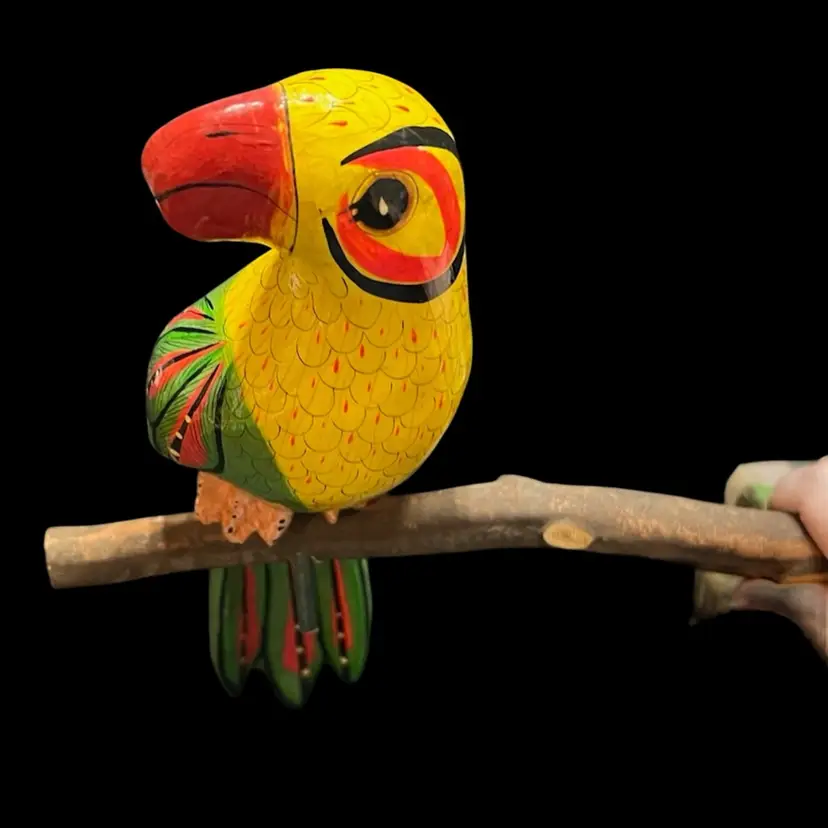 MARKDOWN! Wooden Lacquered Parrot Handpainted *Glows with DayGlo Paint!* Mexico Signed AC(?) On Branch Ready For Mounting