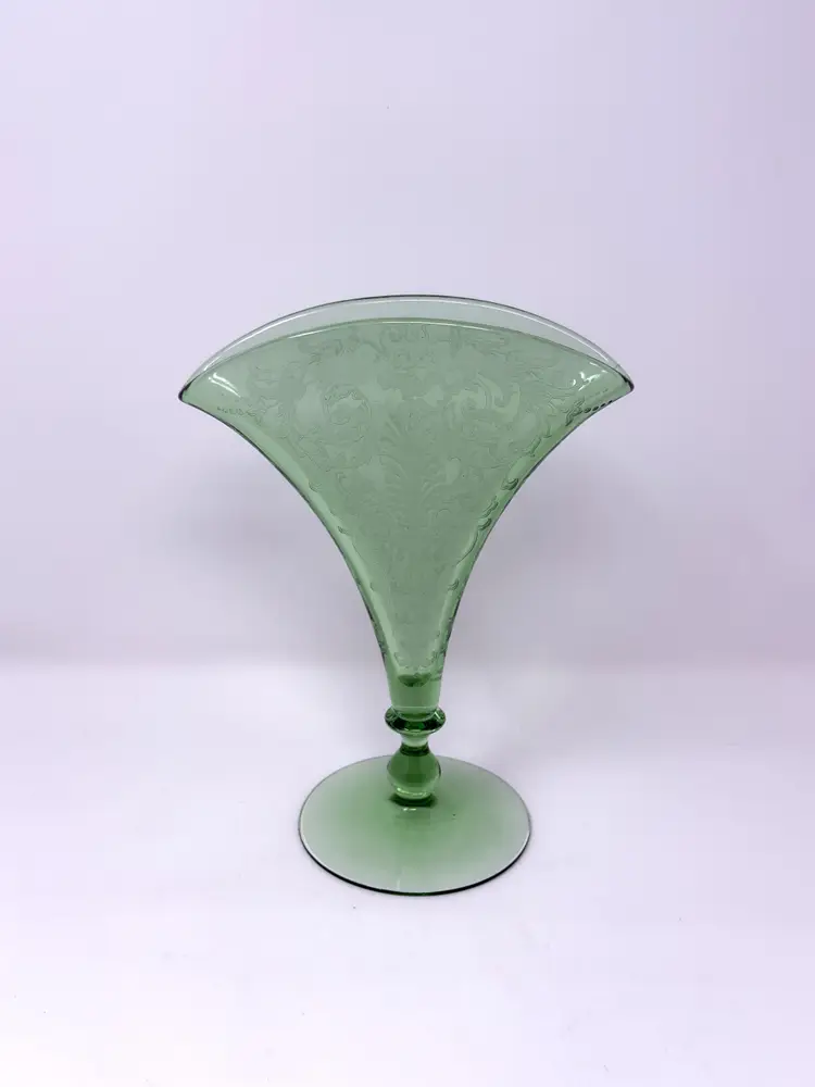 Green Etched Glass Fan Vase – Fostoria Versailles Uranium Glass – 9 Inch (0314-25)