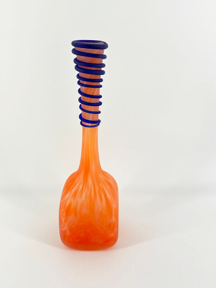 Polish Blown Glass 11" Frosted Orange Swirled Bottle Applied Cobalt Band