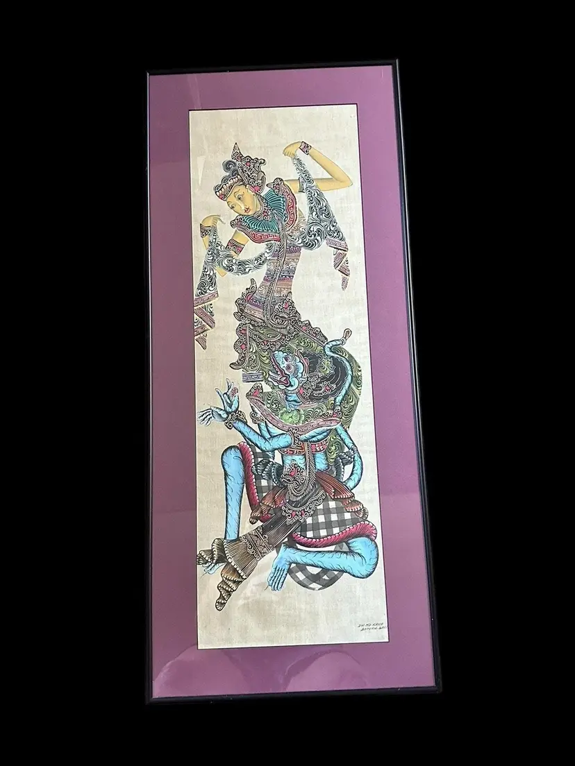 Balinese Artwork: Vintage Batuan Painting (Signed, Framed 36x15in)