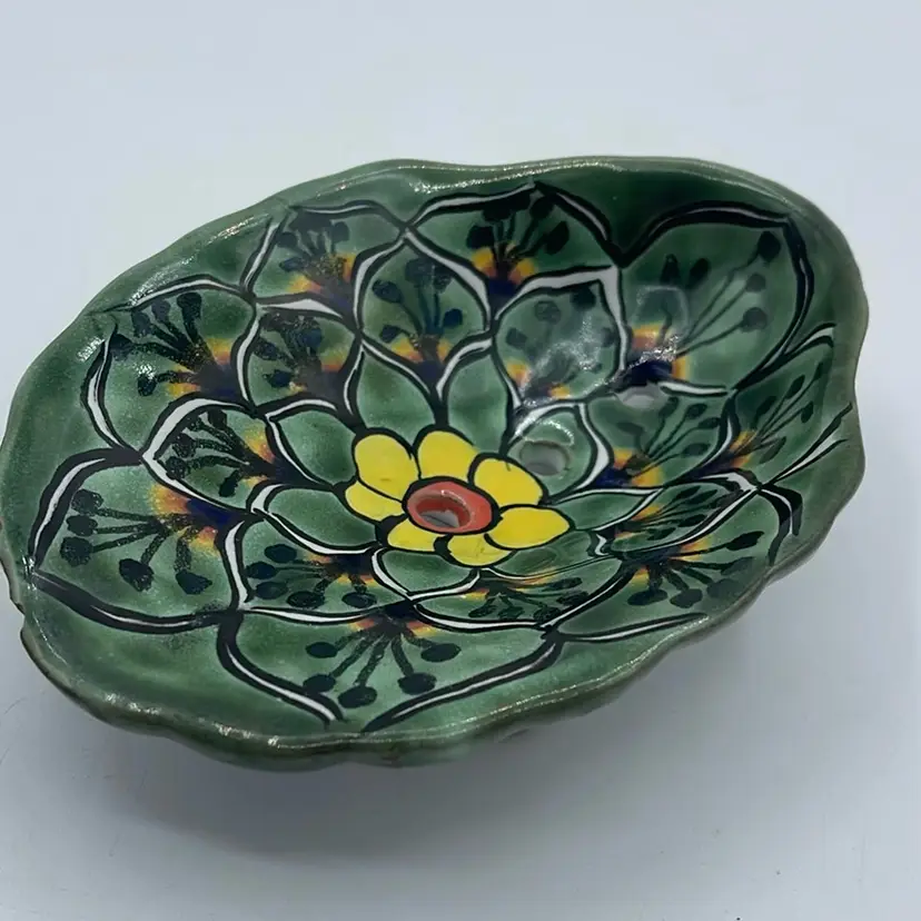 Authentic Hand-Painted Peacock Talavera Soap Dish Mexico Pottery Green Floral Small Chip