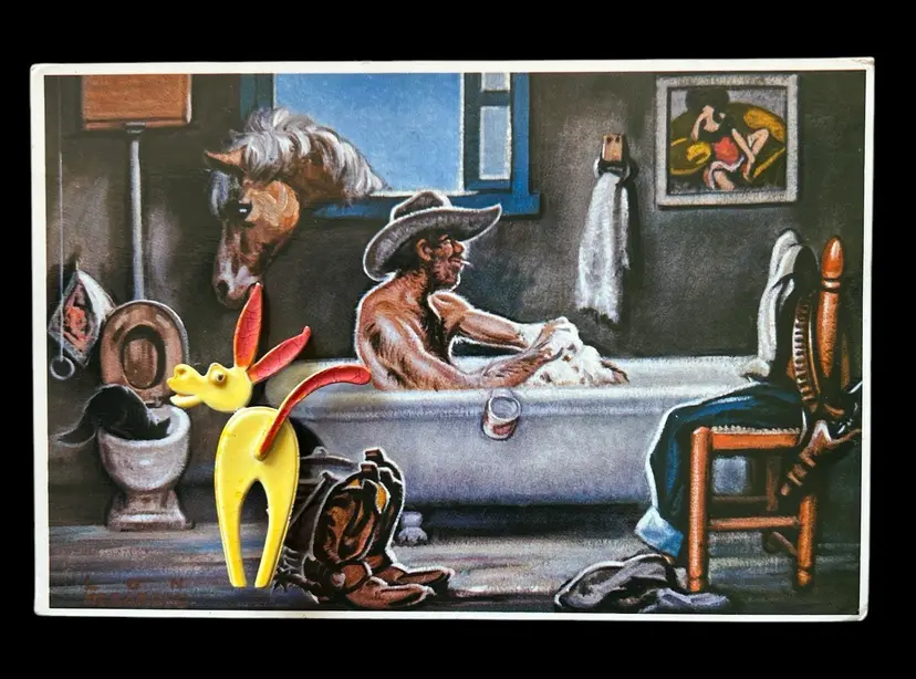 Vintage ART Arthur Pepper Donkey Brooch & Western Cowboy Saturday Night Comic Vintage Postcard #G-10
