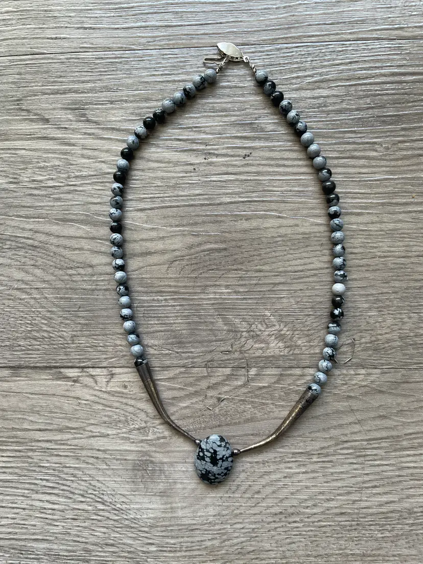 Vintage Polished Natural Stone Necklace Beaded 18” Fishhook Clasp Silver Accent