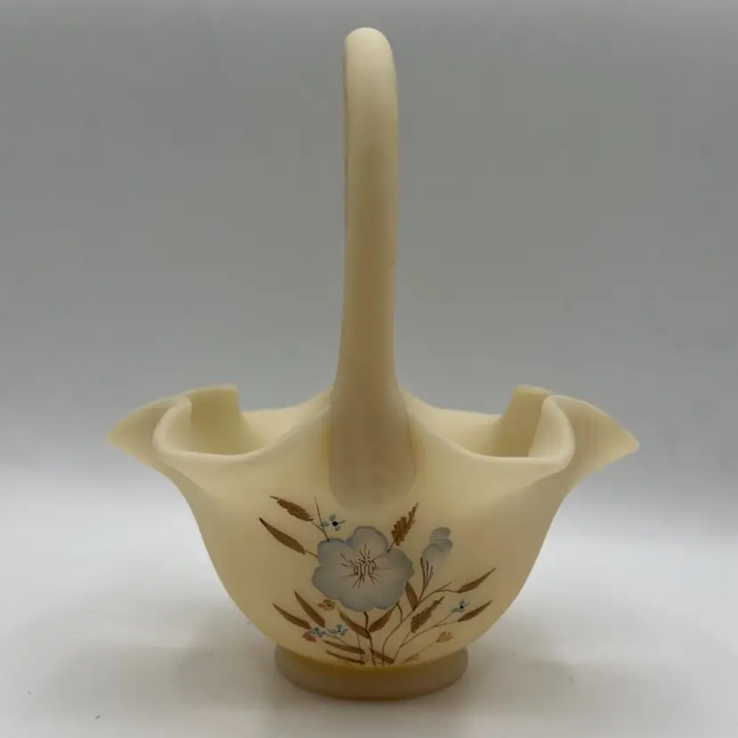 FENTON Signed Hand Painted Floral Satin Custard Glass Basket