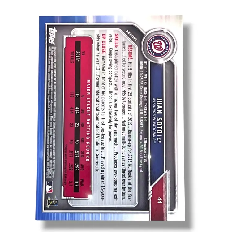 2019 Bowman Chrome Juan Soto Blue Refractor 38/150 #44