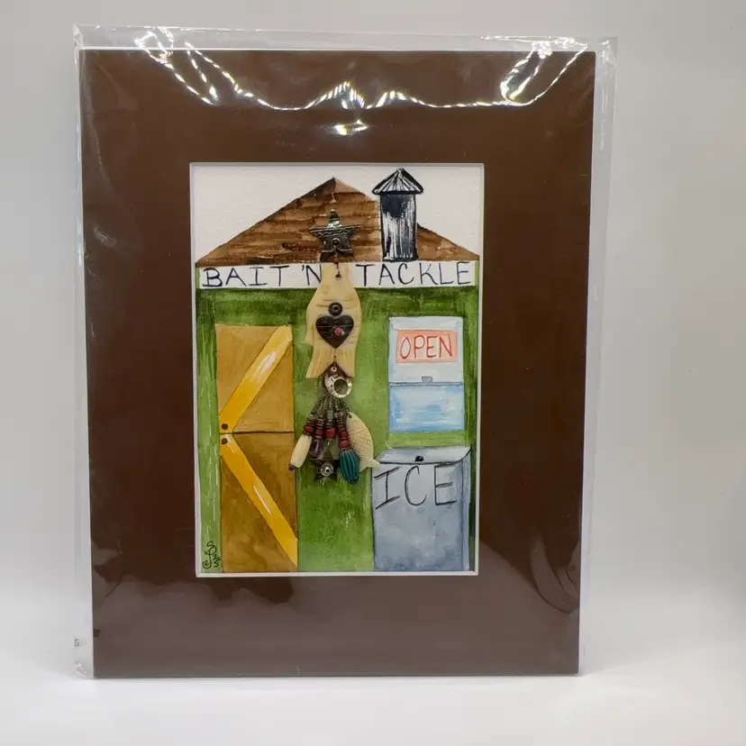Original Watercolor Tackle Shop With Repurposed Jewelry