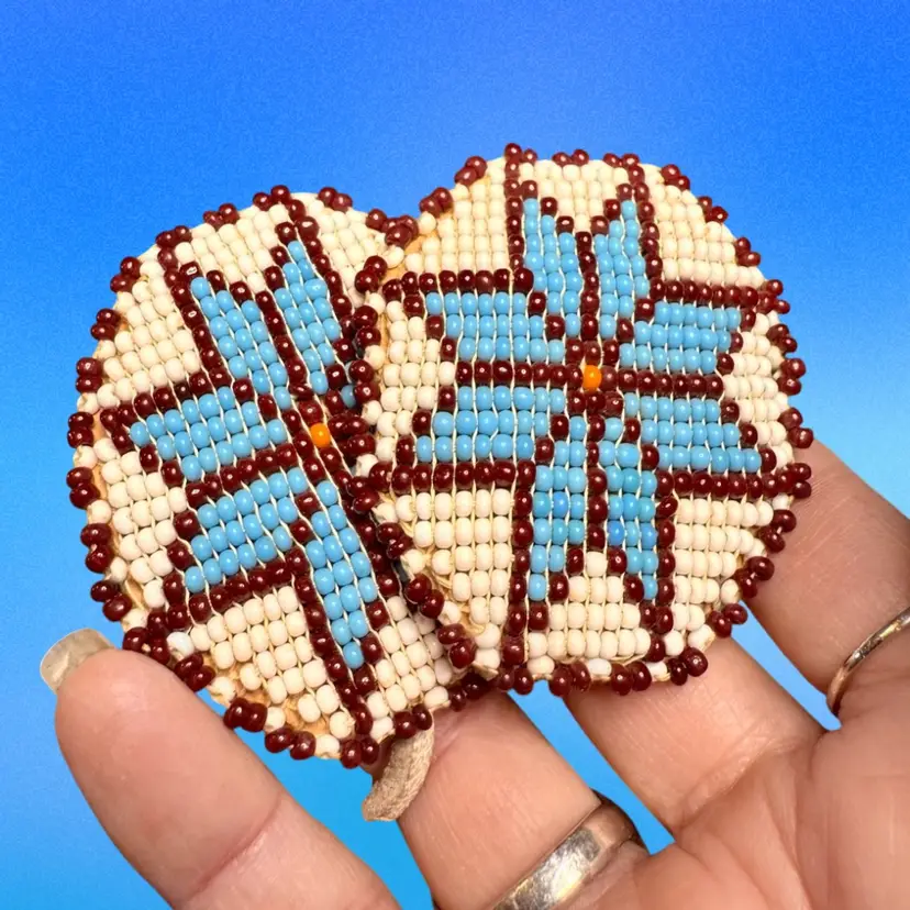 Southwestern Handmade Glass Beaded Hair Ties Poneytail Holders Leather Backs, 2.5”x 2”