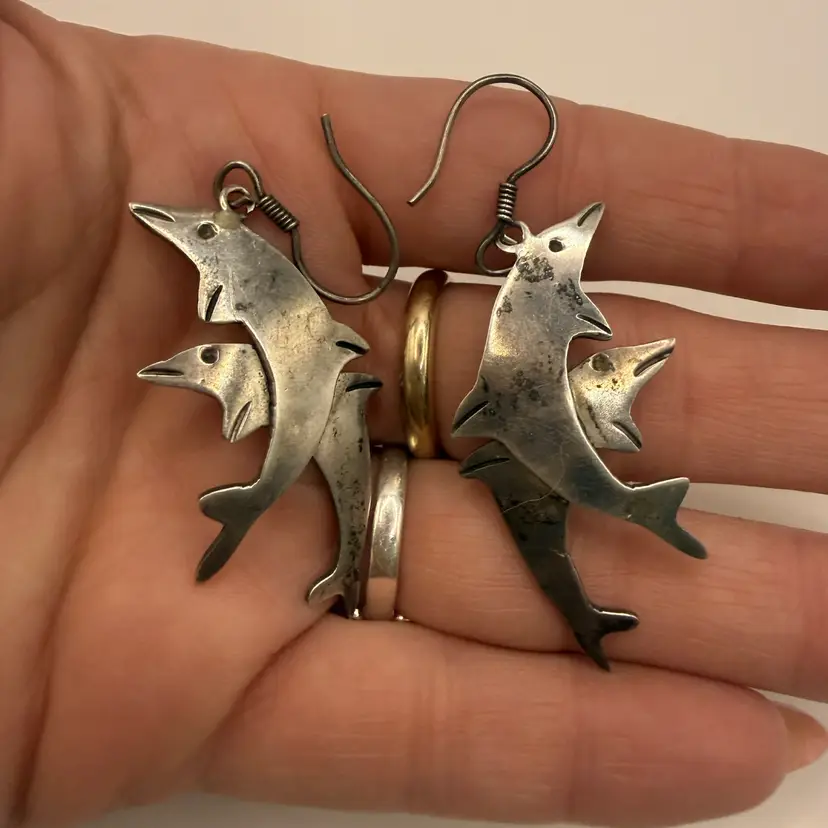 Taxco Sterling Silver Double Dolphin Earrings 2”